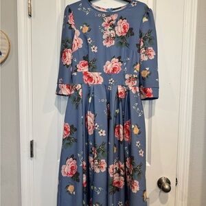 Floral Blue Dress with Pink Roses